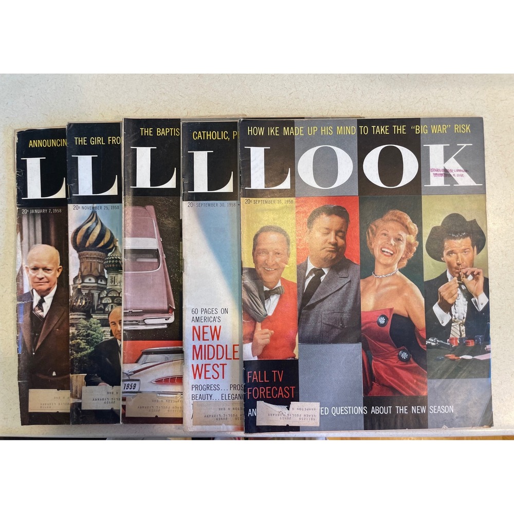 Vintage 1958 LOOK Magazine Lot of 5 Issues Eisenhower Brigitte Bardot 1959 Cars